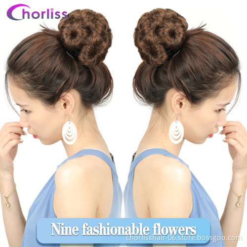 Wholesale Cheap marriage Bun Flower Shape Hairpiece Heat Resistant Synthetic Bun clip in Hair chignon Extension For Women